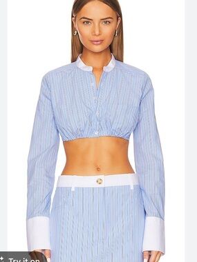 L'Academie Fresh Stripe Bra Shirt Blue crop blouse top Revolve NWT S